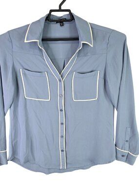 Womens Express Blue Button Up Shirt White Piping Trim Long Sleeve Size M